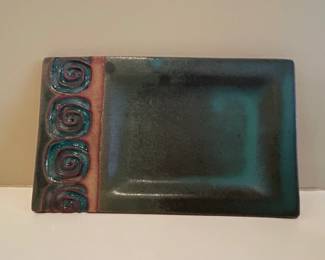 Handmade Ceramic Rectangular Tray with Swirl Decoration  Turquoise and Teal Glaze