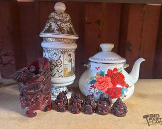 6024  Mini Buddha Figure Collection, Ceramic Pots, And More 