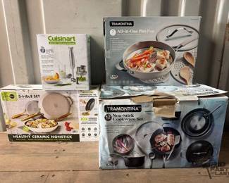 7502  2 Tramontina Cookware Sets, Green Pan Frypan Set, Cuisinart Hand Blender 