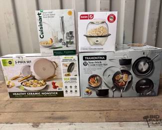7520  Tramontina Cookware Set, Green Pan Frypan Set, Cuisinart Hand Blender, Dash Popcorn Maker 