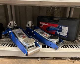 8070  2 Pittsburgh Racing 1.5 Ton Floor Jacks with Empty Duralast 2.5 Ton Floor Jack Case 