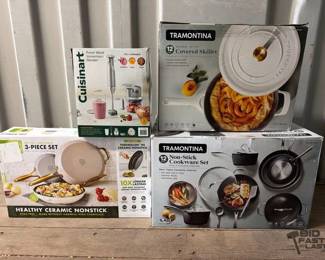 7504  2 Tramontina Cookware Sets, Green Pan Frypan Set, Cuisinart Immersion Blender 