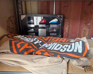 6004  Harley Davidson Mini Gas Tank Display Case, And HarleyDavidson Table Cloth 