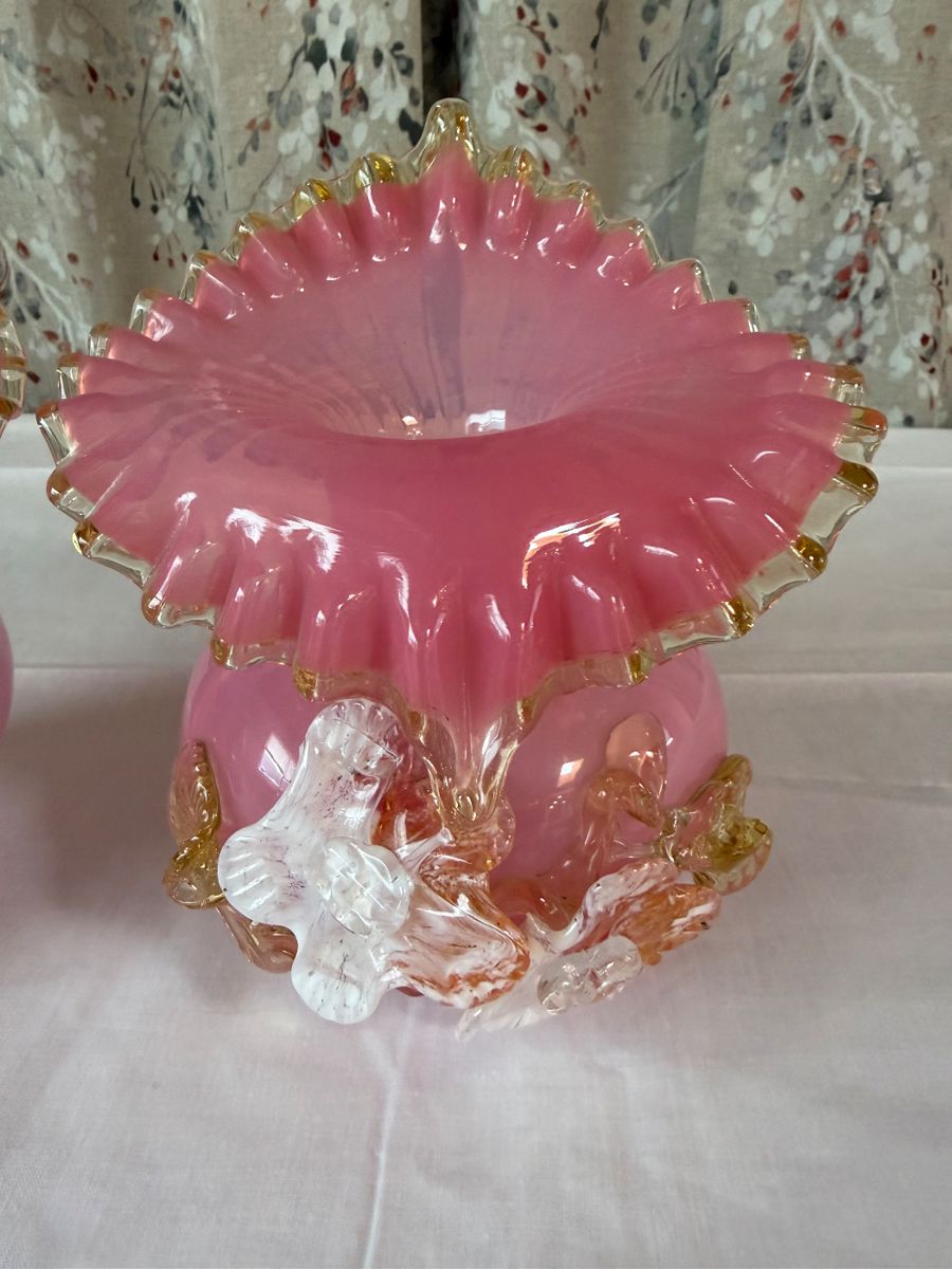 Set of two vintage Fenton pink crest ruffled vase