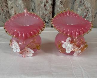 Set of two vintage Fenton pink crest ruffled vase