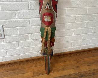 Hand-Carved Wooden Brazil Tribal Mask with Raffia Hair