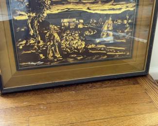 Framed Gold Foil Scratchboard Art - Rural Landscape with Figures