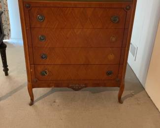 Vintage Inlaid Wood Highboy Chest of Drawers with Brass Hardware 36 x 20 x 45