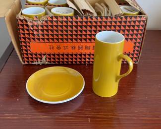 Vintage Japanese Mustard Yellow Ceramic Coffee Cup & Saucer Set