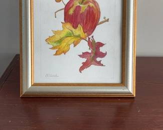 Framed Watercolor Painting of Red Apple & Autumn Leaves Signed N. Clark