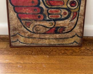 Framed Pacific Northwest Style Abstract Bird Painting on Textured Bark Cloth