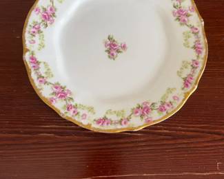 Antique Porcelain Plate with Pink Rose Garland and Gold Trim