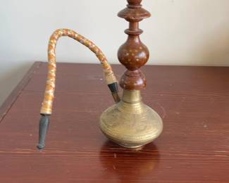 Vintage-Style Wood and Engraved Brass Hookah Pipe with Decorative Hose