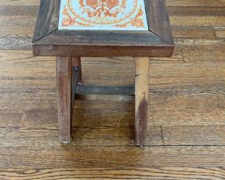 Vintage Small Wooden Stool with Decorative Tile Top 9 x 9 x 14