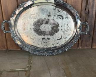 Ornate Silver Plate Oval Serving Tray Presented to Officers of Marine Engineering Dept. of the U.S. Naval Academy 