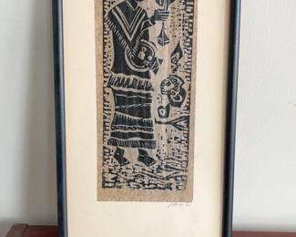 Framed Indigenous Figure Block Print on Bark Paper