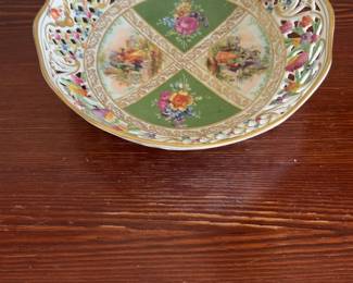 Vintage Reticulated Porcelain Bowl with Floral & Courting Couple Motifs