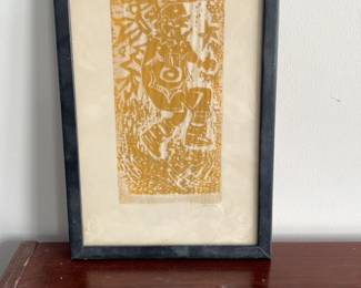 Vintage Jacob Heller Framed Mayan Woodblock Signed
