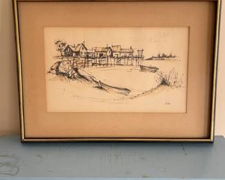 Framed Coastal Ink Sketch Print with Boats and Dock