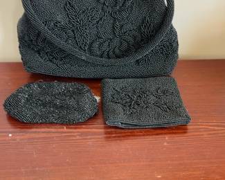 Vintage Black Beaded Handbag with Matching Coin Purse and Wallet Set