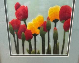 Framed Red and Yellow Tulip Needlepoint Embroidery Art