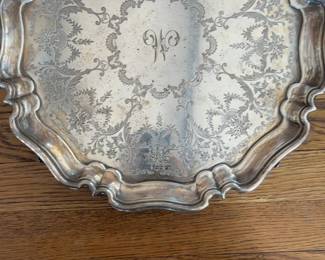 Vintage Ornate Round Silver Plate Tray with Monogram