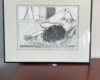 Framed Graphite Sketch of Reclining Nude Figure