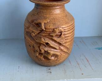 Rustic Small Brown Stoneware Vase with Textured Relief