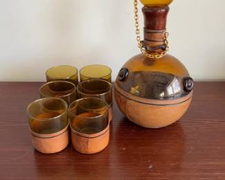 Vintage Amber Glass & Leather Wrapped Decanter Set with 6 Glasses