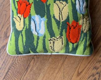 Vintage Needlepoint Tulip Floral Throw Pillow