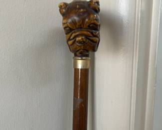 Italian Wooden Walking Cane with Decorative Bulldog Boxer Head Handle
