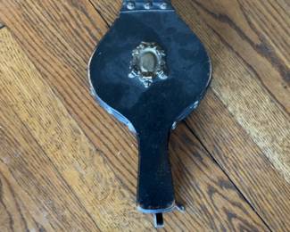 Vintage Black Wood Fireplace Bellows with Ornate Brass Medallion