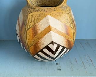Abstract Geometric Ceramic Basket Vessel with Handle