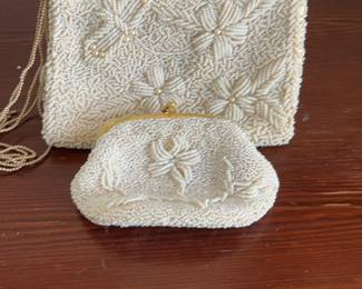 Vintage Beaded Evening Bag with Matching Coin Purse - Cream Floral Design