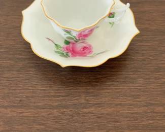 Vintage Porcelain Scalloped Teacup and Saucer with Pink Rose Design and Gold Trim