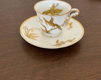 Vintage Porcelain Teacup and Saucer with Gold Crane Motif