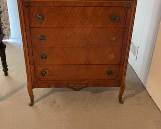 Vintage Inlaid Wood Highboy Chest of Drawers with Brass Hardware 36 x 20 x 45