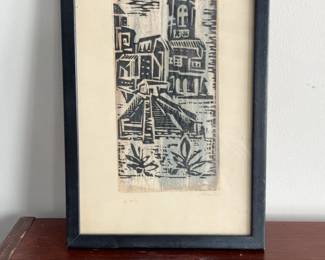 Vintage Jacob Heller Framed Architectural Woodblock Signed