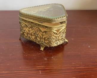 Vintage Gold Ormolu Style Filigree Glass Jewelry Casket Box