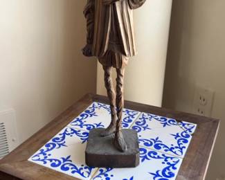 Vintage Hand-Carved Wooden Don Quixote Statue on Tiled Base