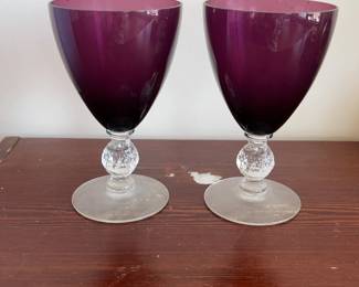 Pair of Vintage Amethyst Purple Wine Goblets with Clear Crystal Ball Stems