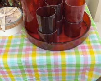 Vintage Red Acrylic Pitcher & Tumbler Set with Tray