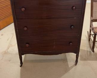 Vintage Dark Wood 4-Drawer Chest on Casters 36 x 22 x 48