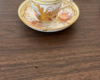 Antique Hand-Painted Porcelain Demitasse Cup and Saucer with Gold Scrollwork