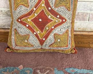 Embroidered Geometric Decorative Pillow with Mirror Accents