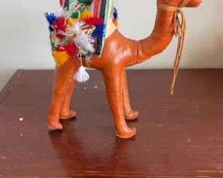 Vintage Hand-Stitched Leather Camel Figurine with Colorful Saddle