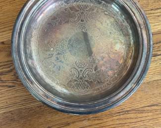 Vintage Round Silver Plate Serving Tray with Ornate Etched Design