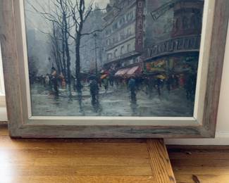 Framed Impressionist Oil Painting of Paris Street Scene & Moulin Rouge
