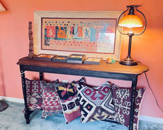 Mid Century- Antique Table/ Turkish Pillows /brass lamp /Art Piece's