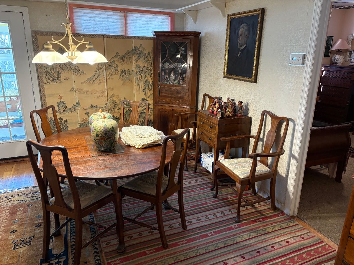 Dining Room Table, Corner Cabinet, Oriental Panel Board, Oil on Canvas